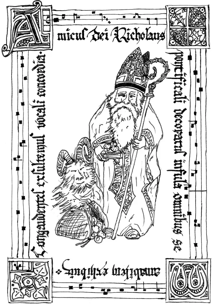 Christmas Card 2013; St. Nicholas and Krampus; Ink