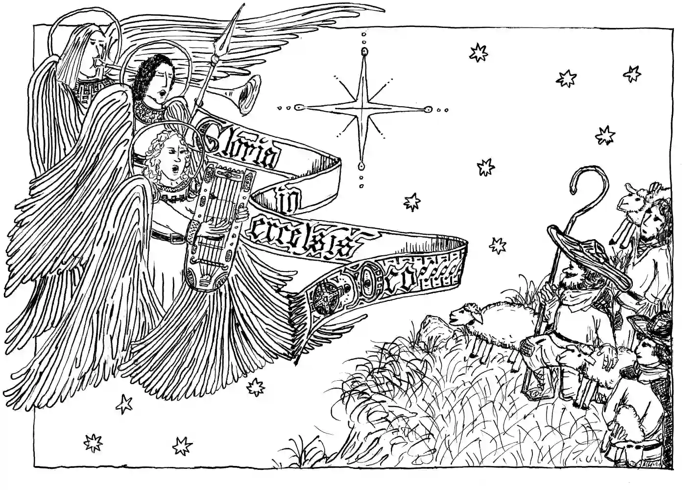 Christmas Card 2014; The Annuntiation to the Shepherds; Ink