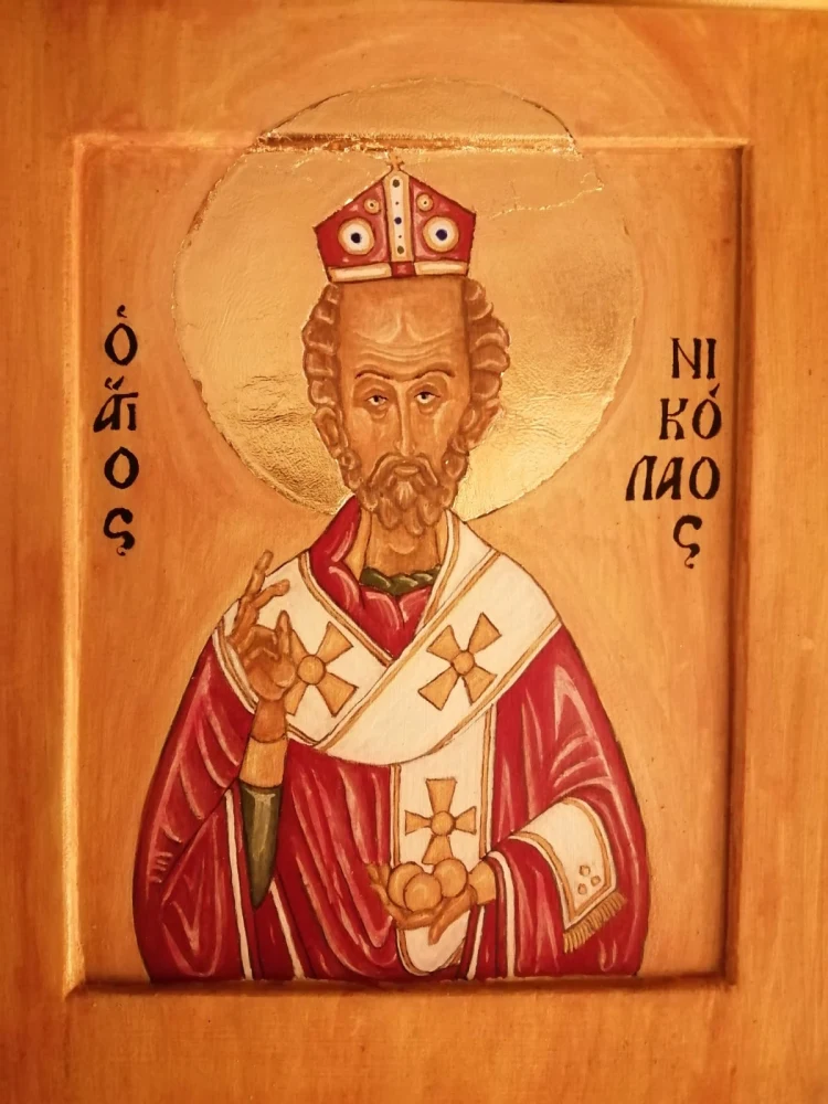 Christmas Card 2020; St. Nicholas Icon; Egg tempera and metal leaf on gesso and wood