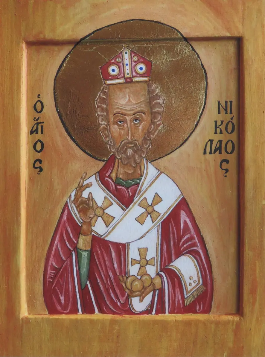 Christmas Card 2020; St. Nicholas Icon; Egg tempera and metal leaf on gesso and wood