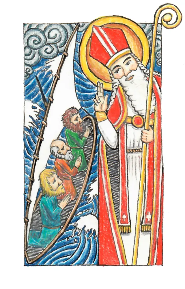 Christmas Card 2022; St. Nicholas Calms the Storm; Ink and coloured pencil