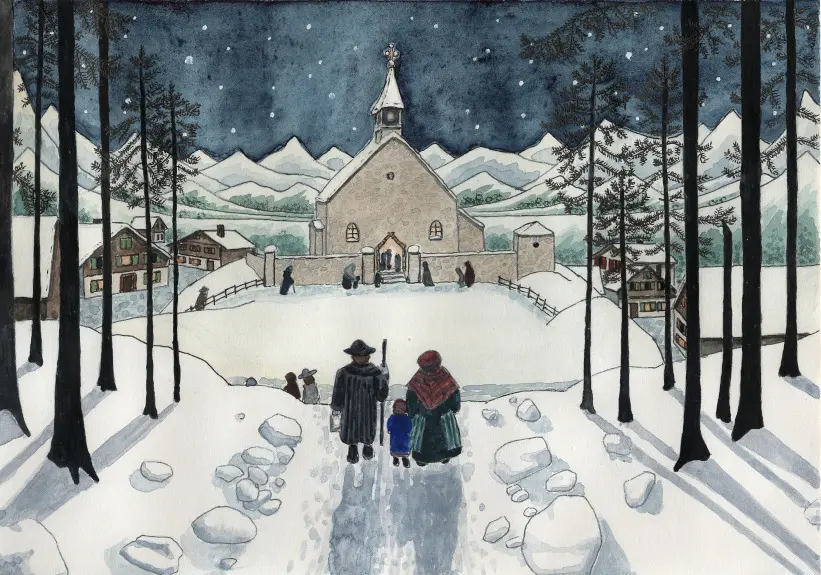 Christmas Card 2025; Midnight Mass; after Josef Madlener; Watercolour and ink