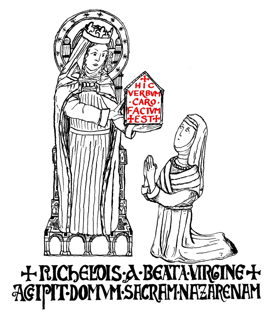 Richeldis receives the Holy House of Nazareth from the Blessed Virgin; Ink